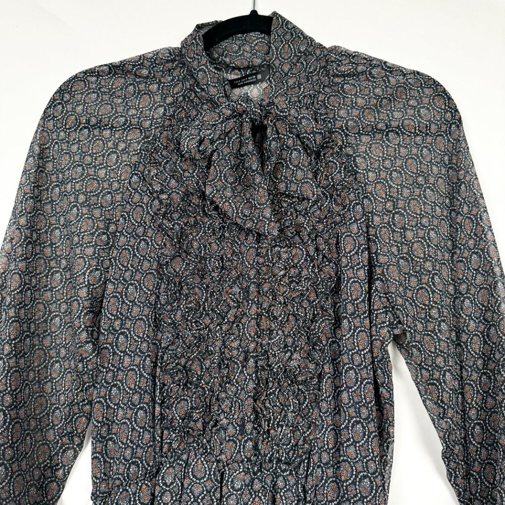 Zara Grey Chiffon Paisley Mini Retro Style Dress with Ruffles and Tie NWT Sz S